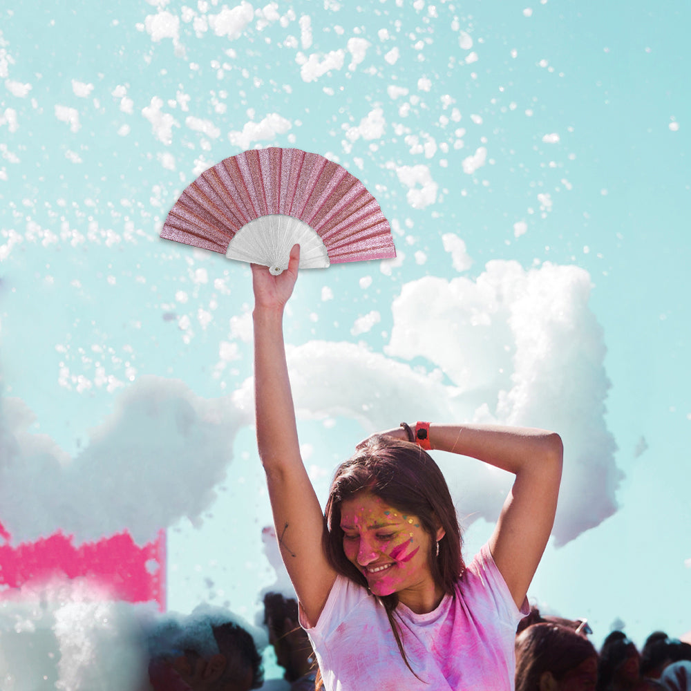 Glitter Pink Small Hand Fan (Clear Handle)