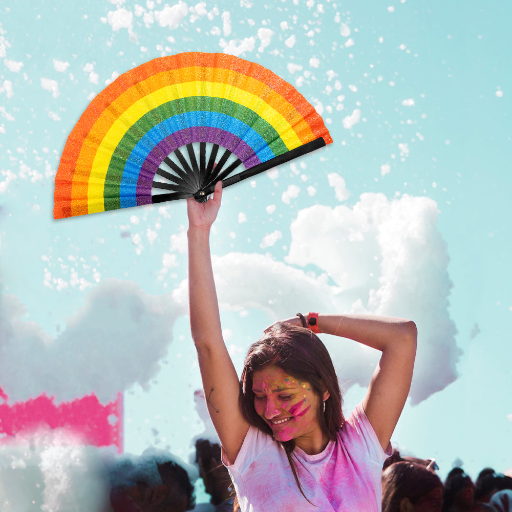 Rainbow Glitter X-Large Hand Fan