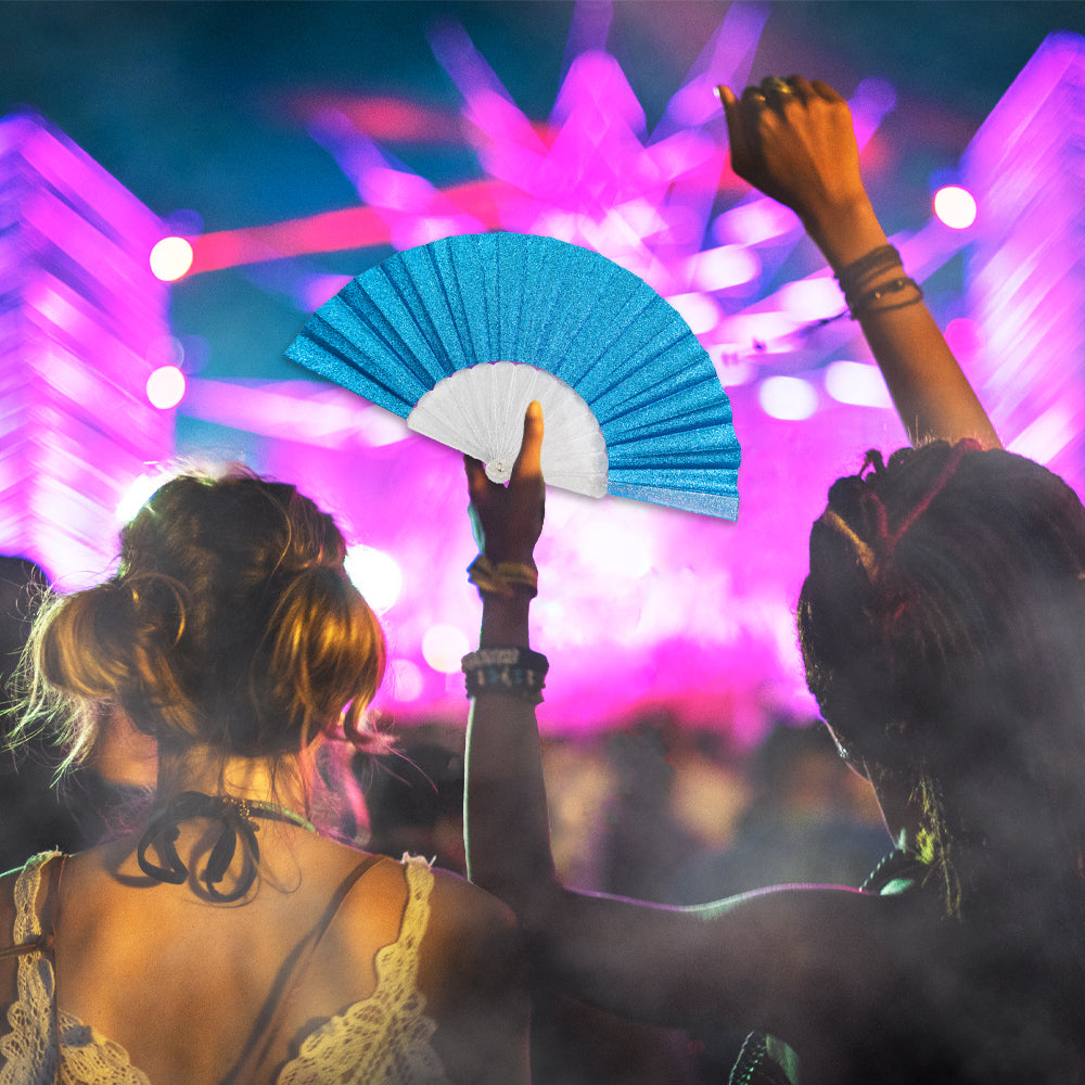 Glitter Sky Blue Small Hand Fan (Clear Handle)