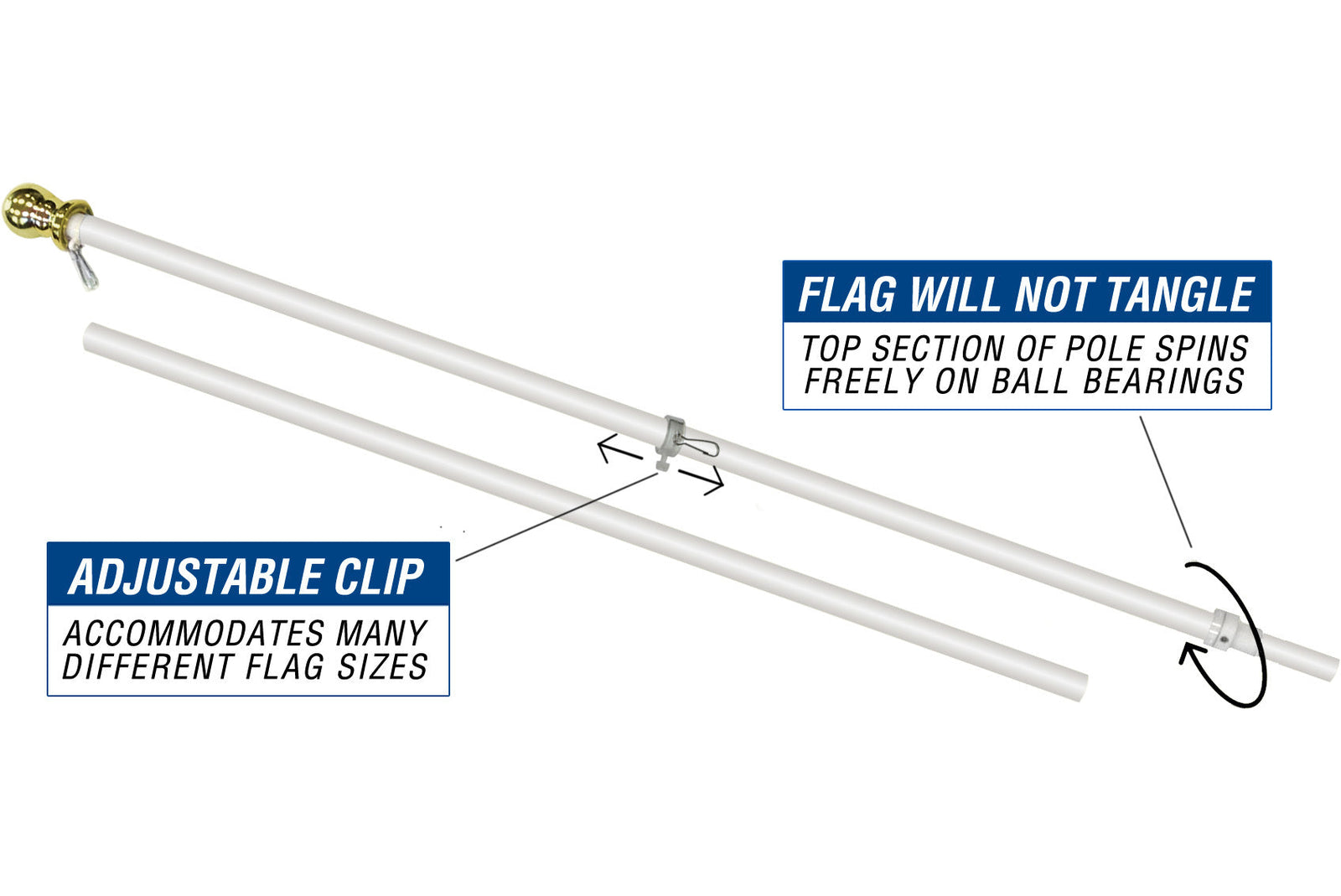6ft Spinning Stabilizer Flag Pole (White with Silver Ball Top)