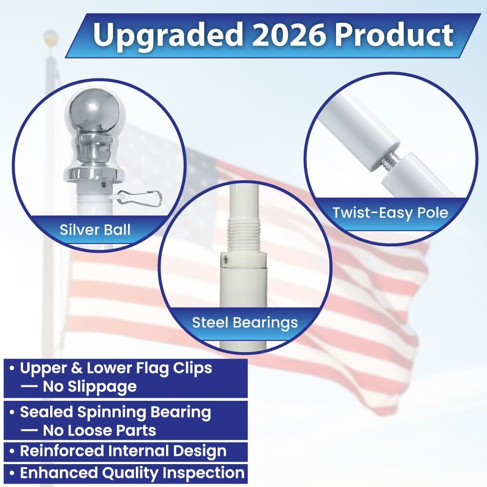 6ft Spinning Stabilizer Flag Pole (White with Silver Ball Top)