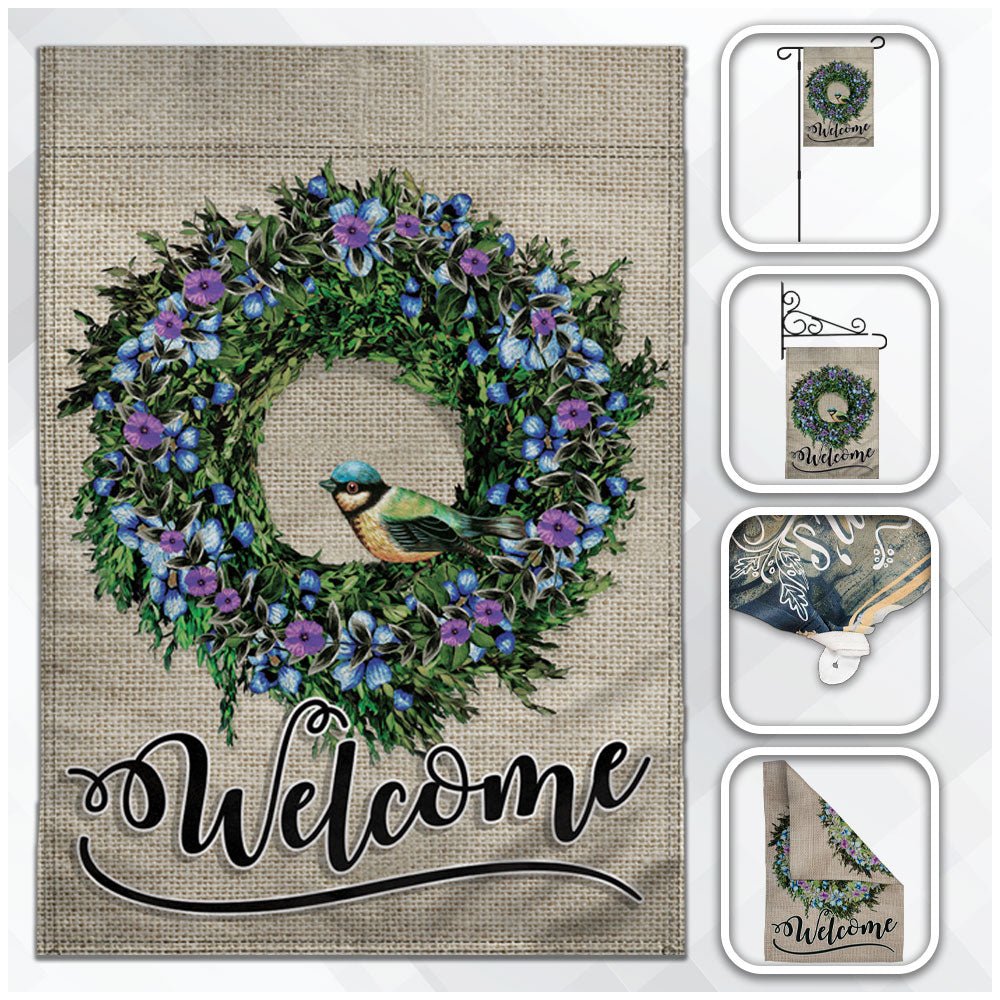 H&G Studios Welcome (Wreath Bird) 12x18in Garden Flag - Flags Importer