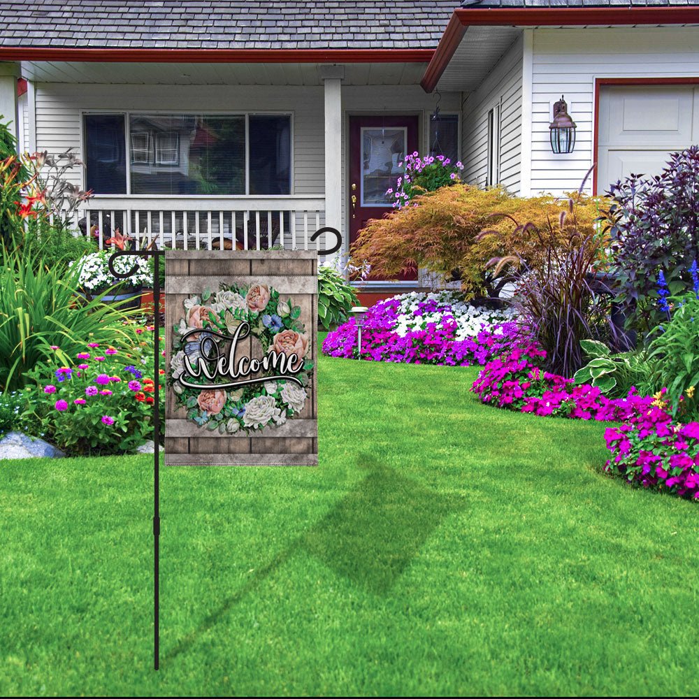 H&G Studios Welcome (Wreath Roses) 12x18in Garden Flag - Flags Importer