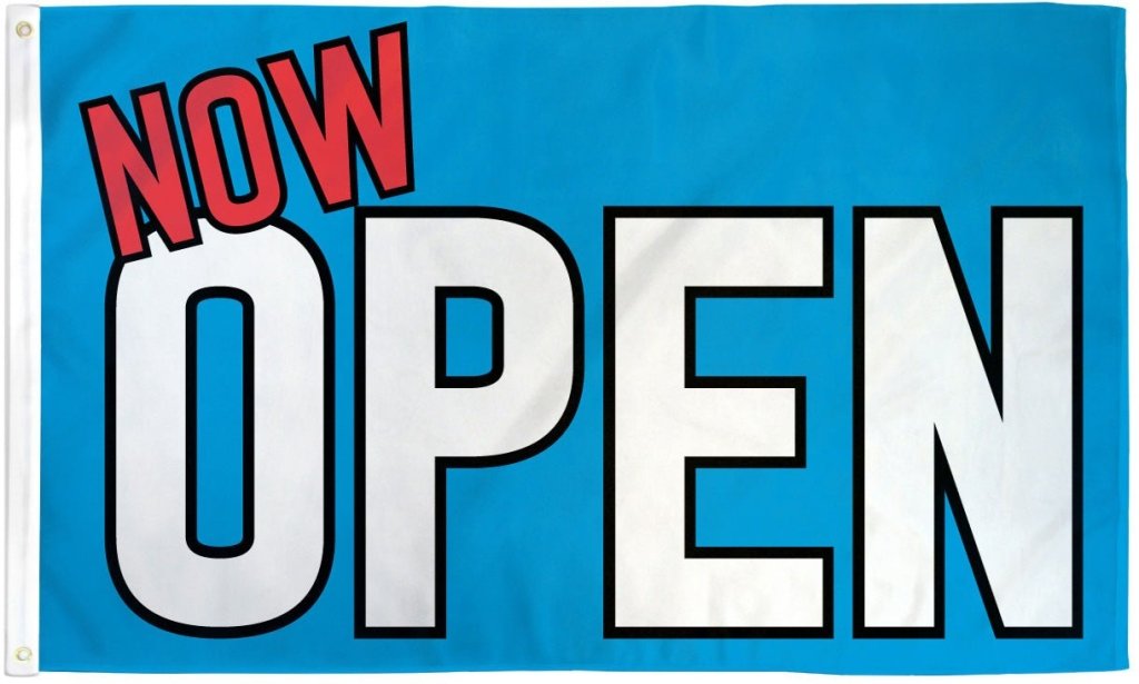 Now Open (Blue) Flag 3x5ft Poly - Flags Importer