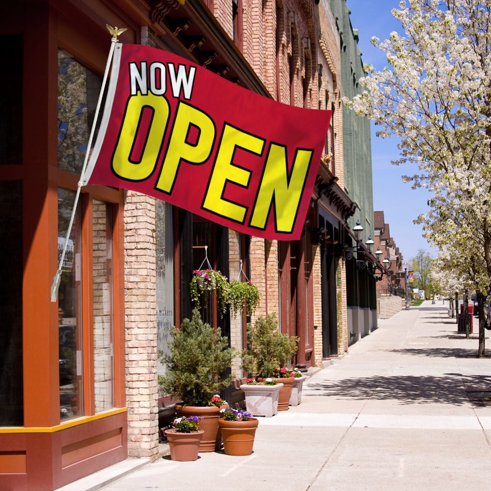 Now Open (Red) Flag 3x5ft Poly - Flags Importer