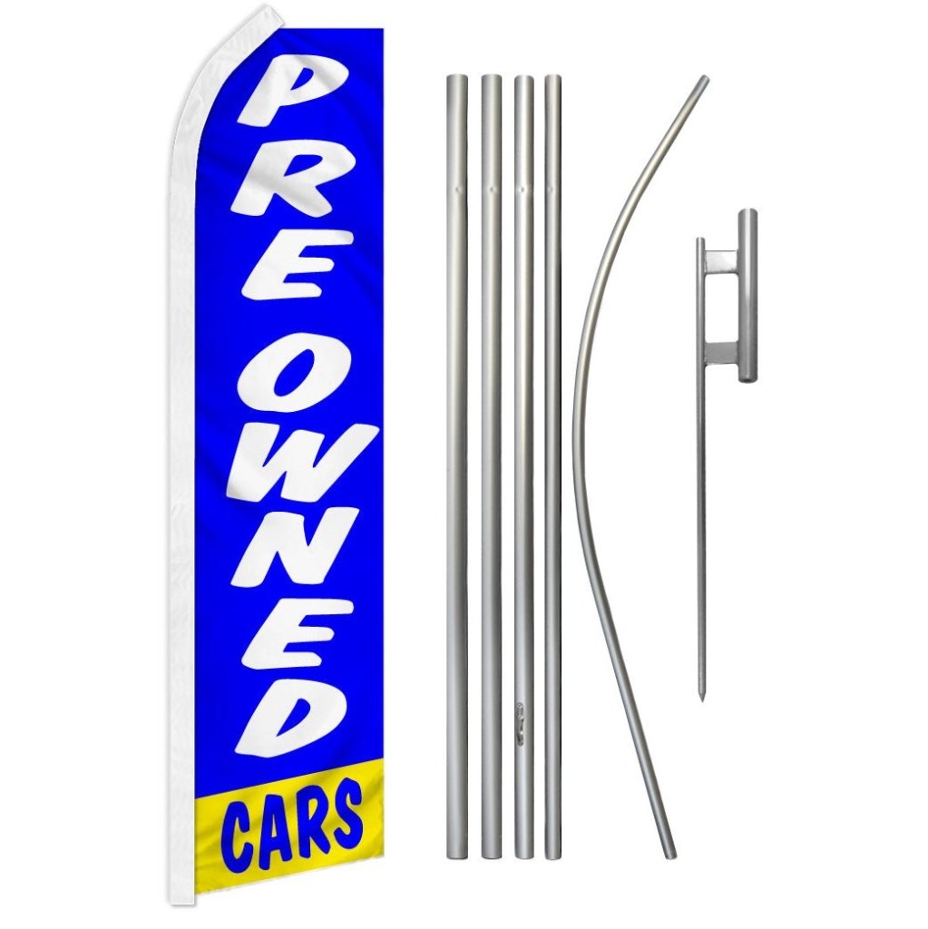 Preowned Cars (Blue & White) Super Flag & Pole Kit - Flags Importer