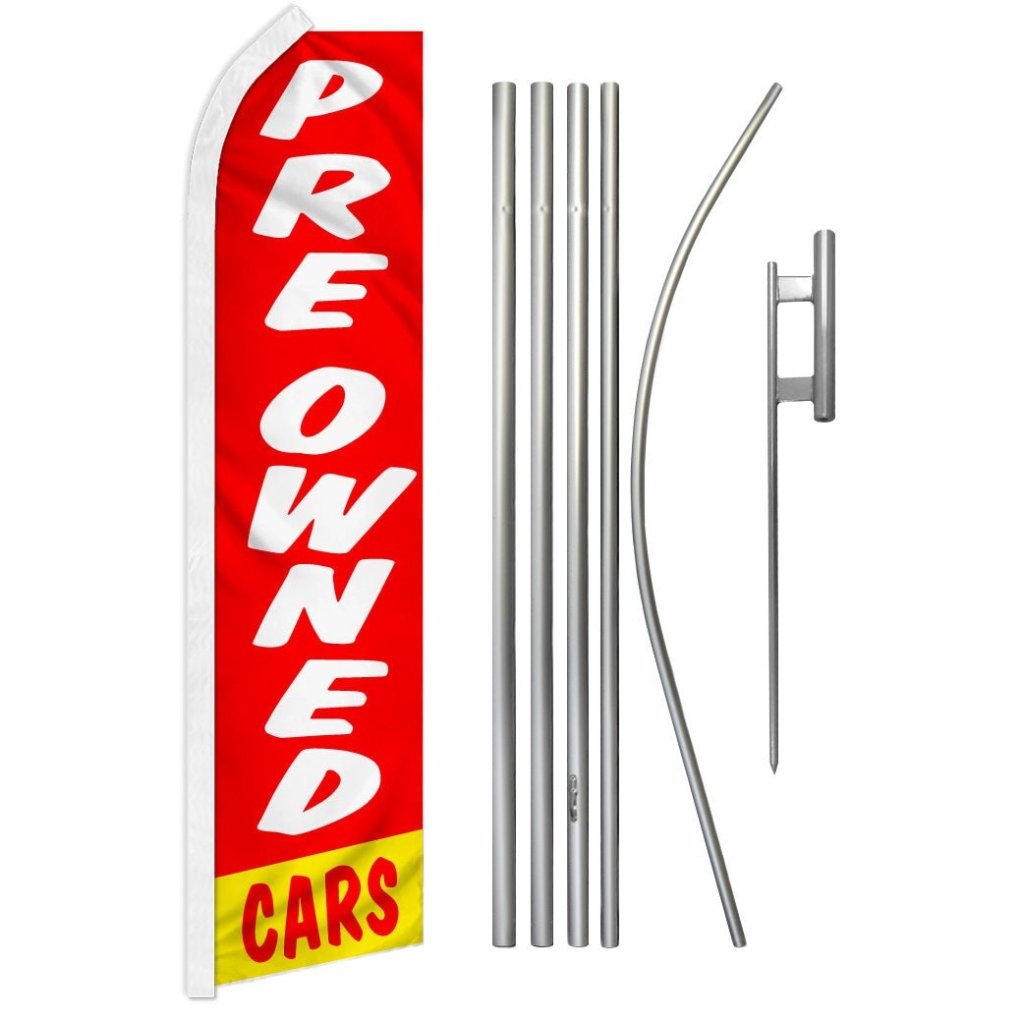Preowned Cars (Red & White) Super Flag & Pole Kit - Flags Importer