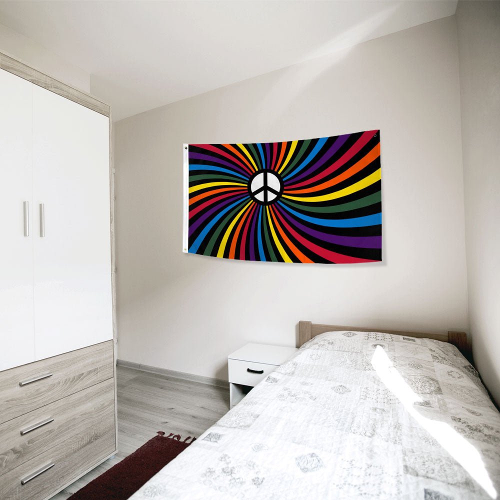 Rainbow Peace Swirl (Black Peace Sign) Flag 3x5ft Poly - Flags Importer
