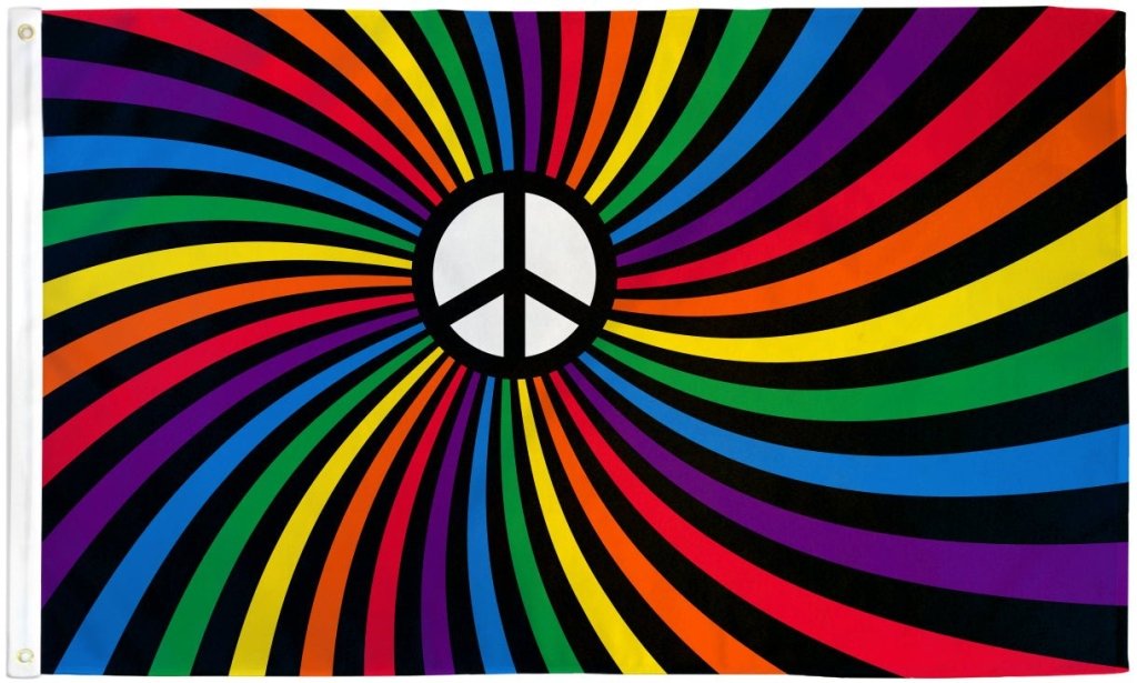 Rainbow Peace Swirl (Black Peace Sign) Flag 3x5ft Poly - Flags Importer