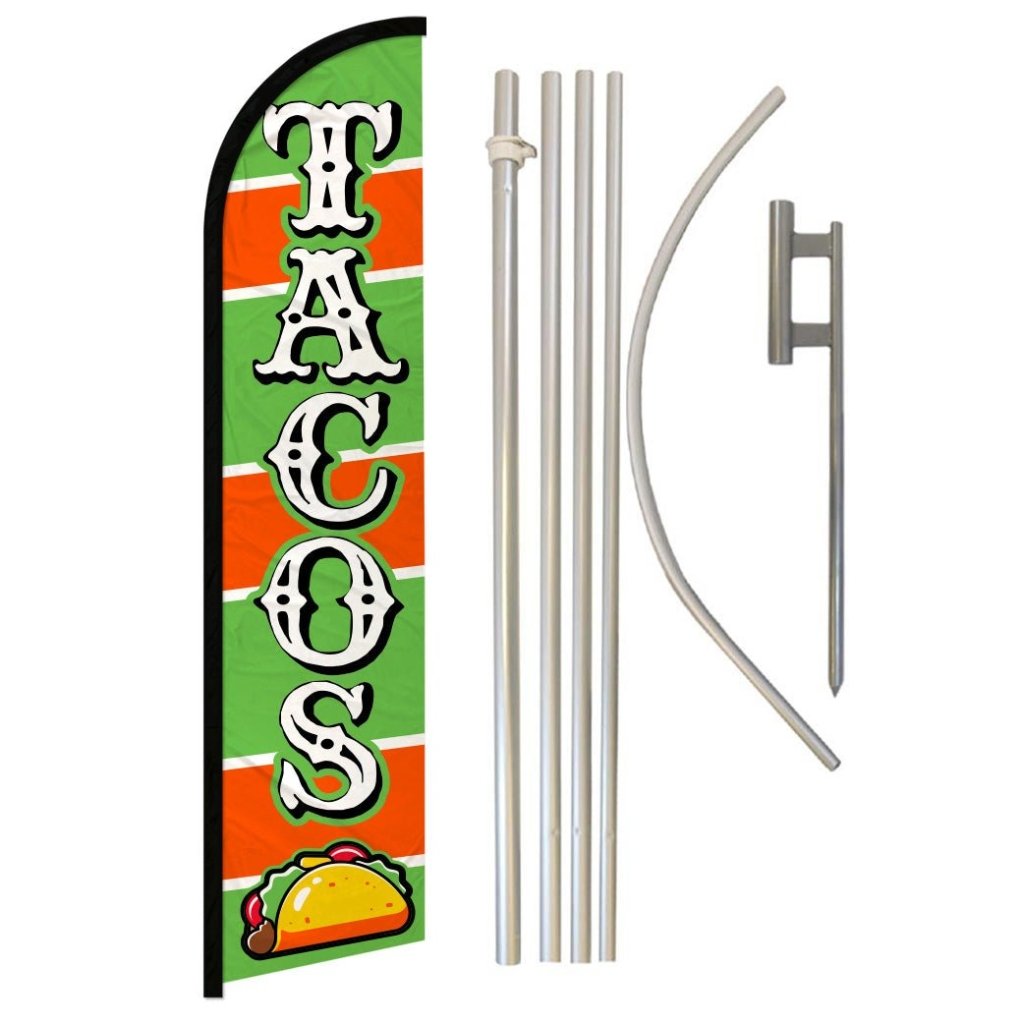 Tacos (Green & Orange) Windless Banner Flag & Pole Kit - Flags Importer