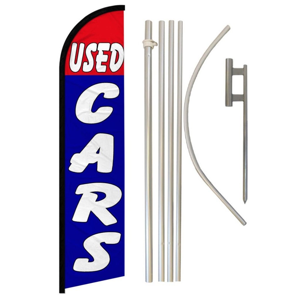 Used Cars (Red & Blue) Windless Banner Flag & Pole Kit - Flags Importer