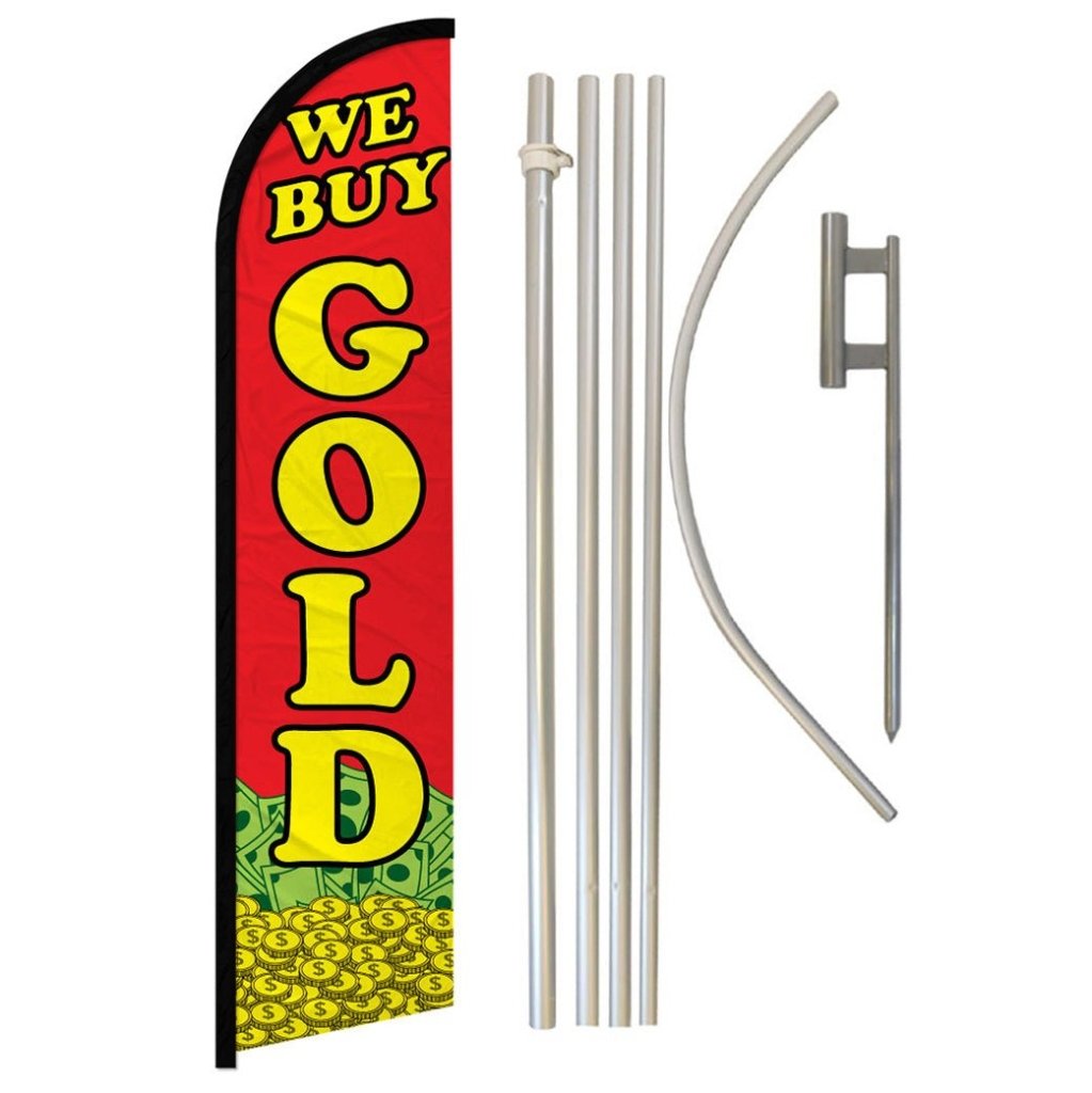 We Buy Gold (Red) Windless Banner Flag & Pole Kit - Flags Importer